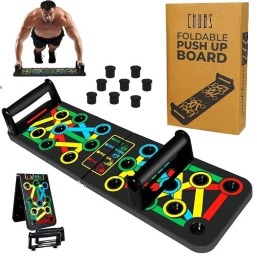 Push up board with color-coded grips as essential home workout equipment for targeting chest, shoulders, and triceps.