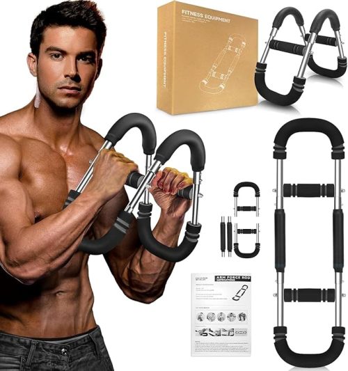 1. “Man performing arm curls using weight lifting weights with an arm strength trainer for increased muscle power and endurance.